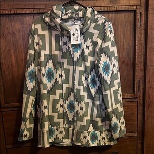 Crazy Train Geometric Sweater in Green and Cream